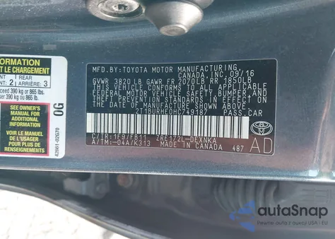 2017 Toyota Corolla L/Le/Xle/Se/Xse z USA, uszkodzony, nr VIN 2T1BURHE0HC749187